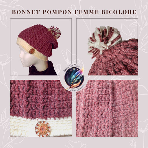 [PAP17BON007] Bonnet pompon Femme bicolore au crochet