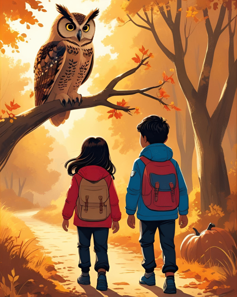  l’histoire d’une promenade enchantée sous la forêt flamboyante, où chaque pas révèle une leçon de vie, d’amitié et de respect de la nature.