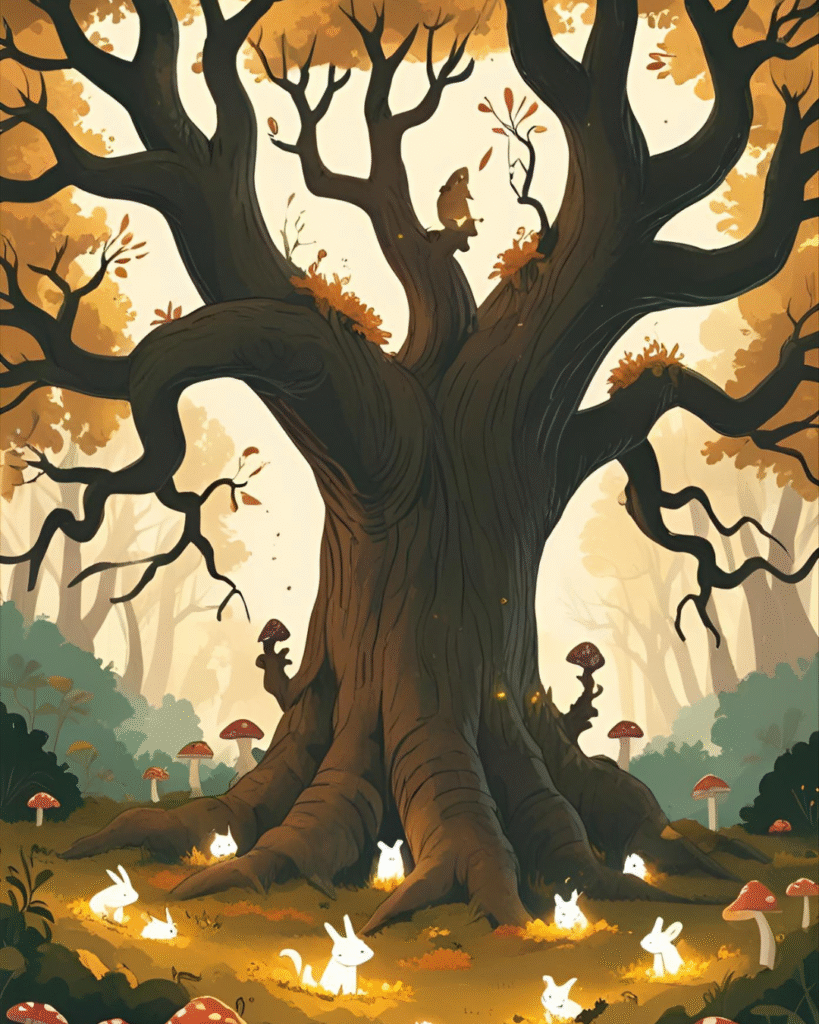 l’histoire d’une promenade enchantée sous la forêt flamboyante, où chaque pas révèle une leçon de vie, d’amitié et de respect de la nature.