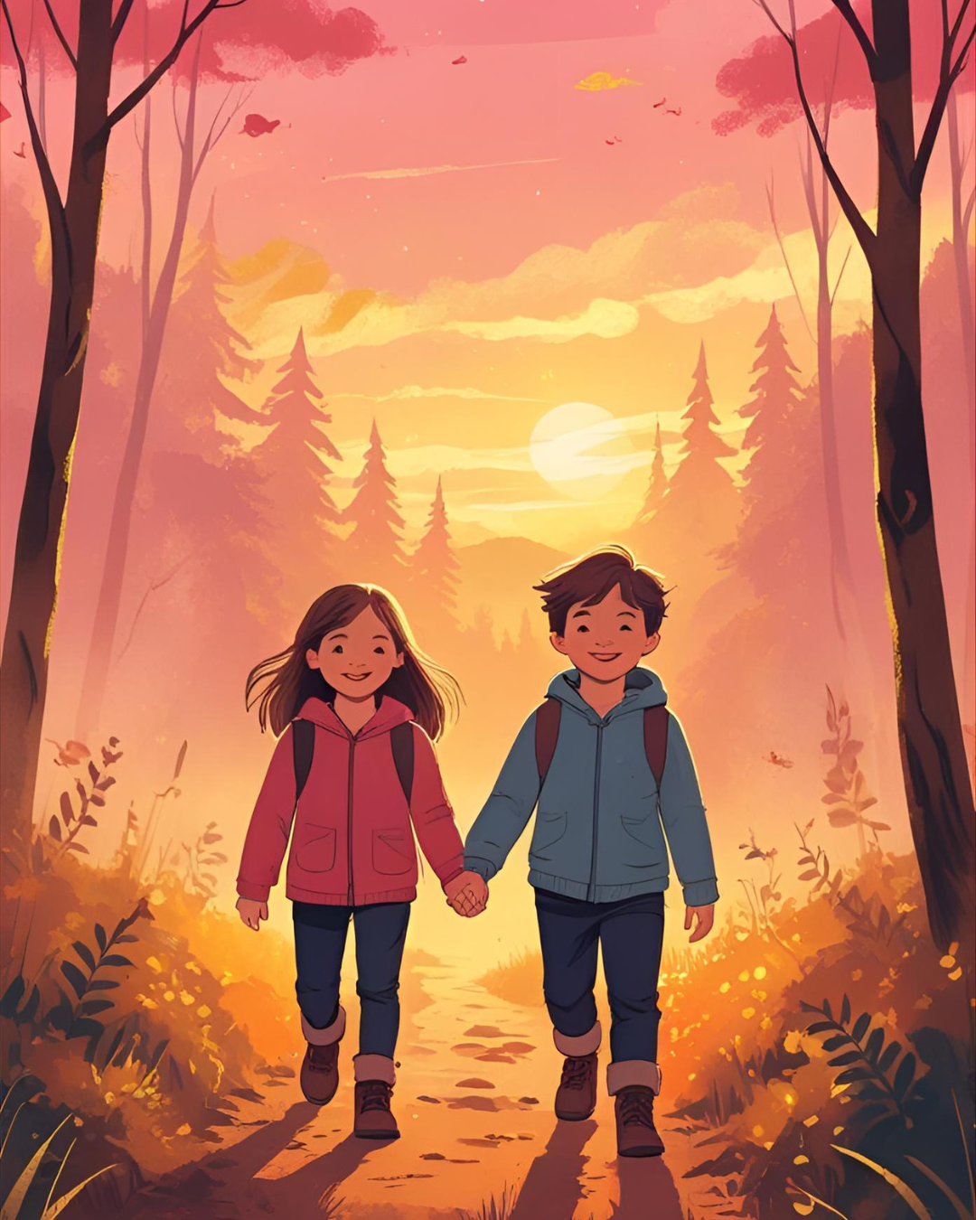 l’histoire d’une promenade enchantée sous la forêt flamboyante, où chaque pas révèle une leçon de vie, d’amitié et de respect de la nature.