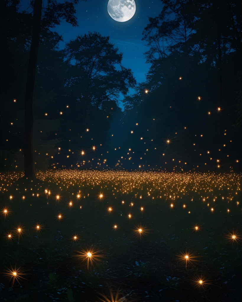 Clairière magique illuminée par les lucioles dorées dans la nuit, conte Le souffle du vent et la danse des lucioles.