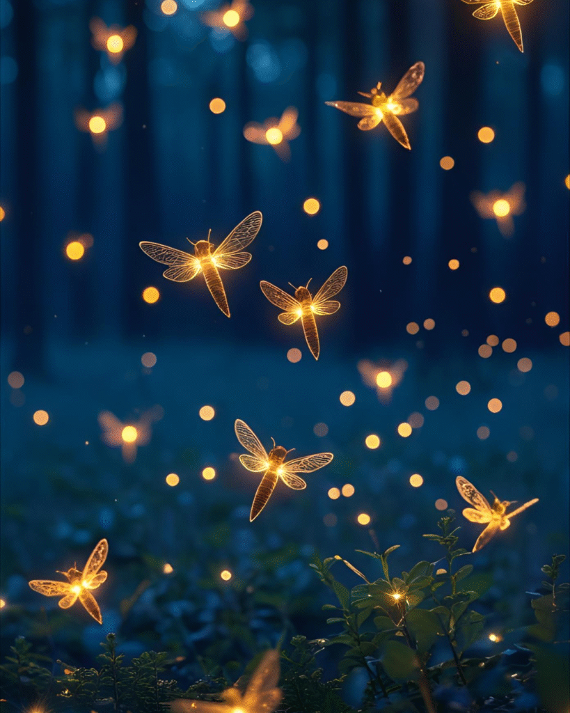 Le vent apprend à avancer doucement pour que les lucioles brillent pleinement. Illustration du conte pour enfants.