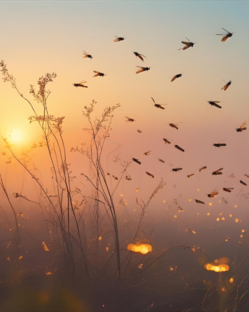 Le vent et les lucioles s’éloignent dans la lumière douce du matin, morale sur la patience et la collaboration.