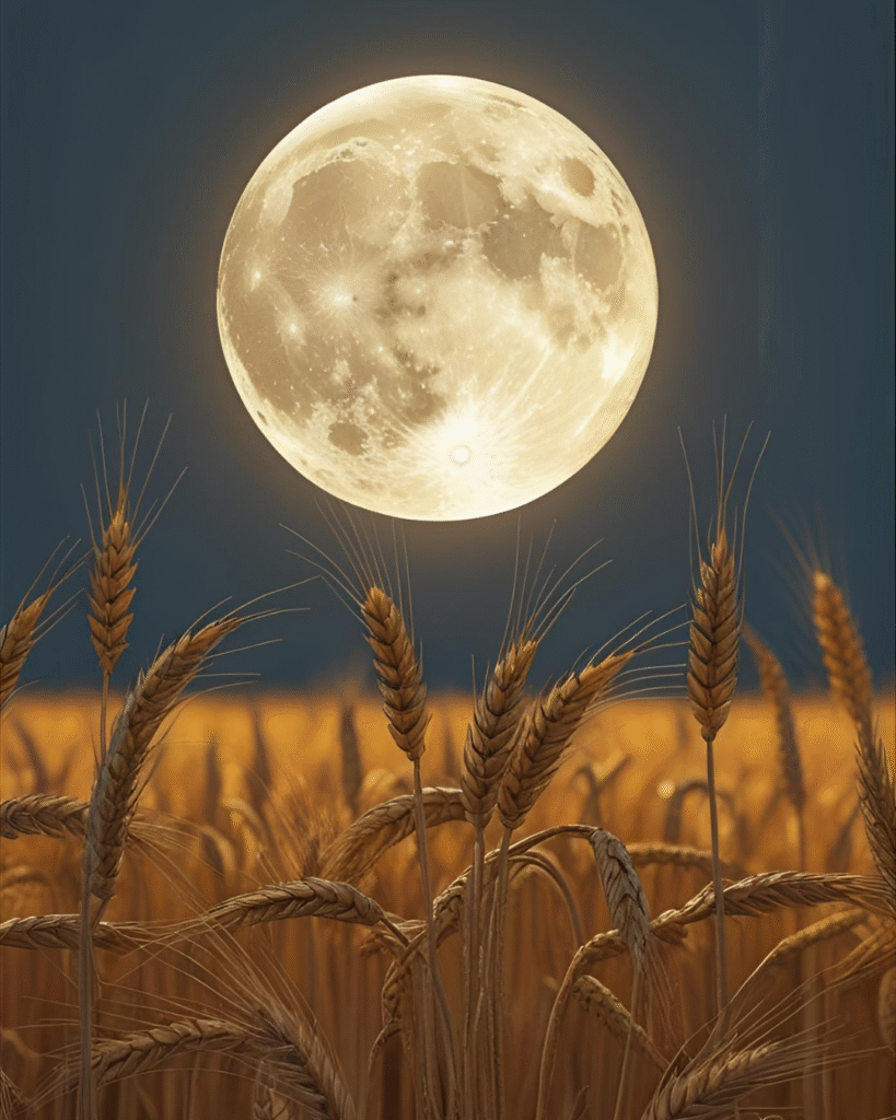 Pleine lune des Moissons au-dessus d’un champ doré d’automne