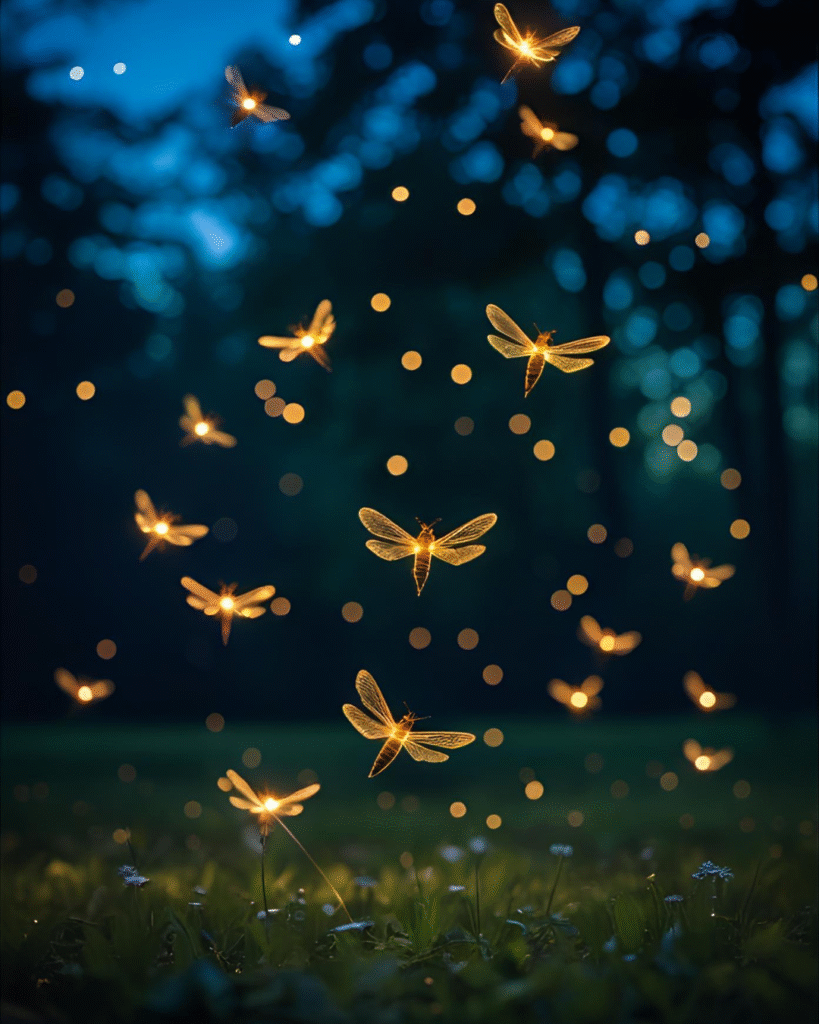 Rencontre magique entre le vent et les lucioles lumineuses dans la clairière, illustration poétique du conte.