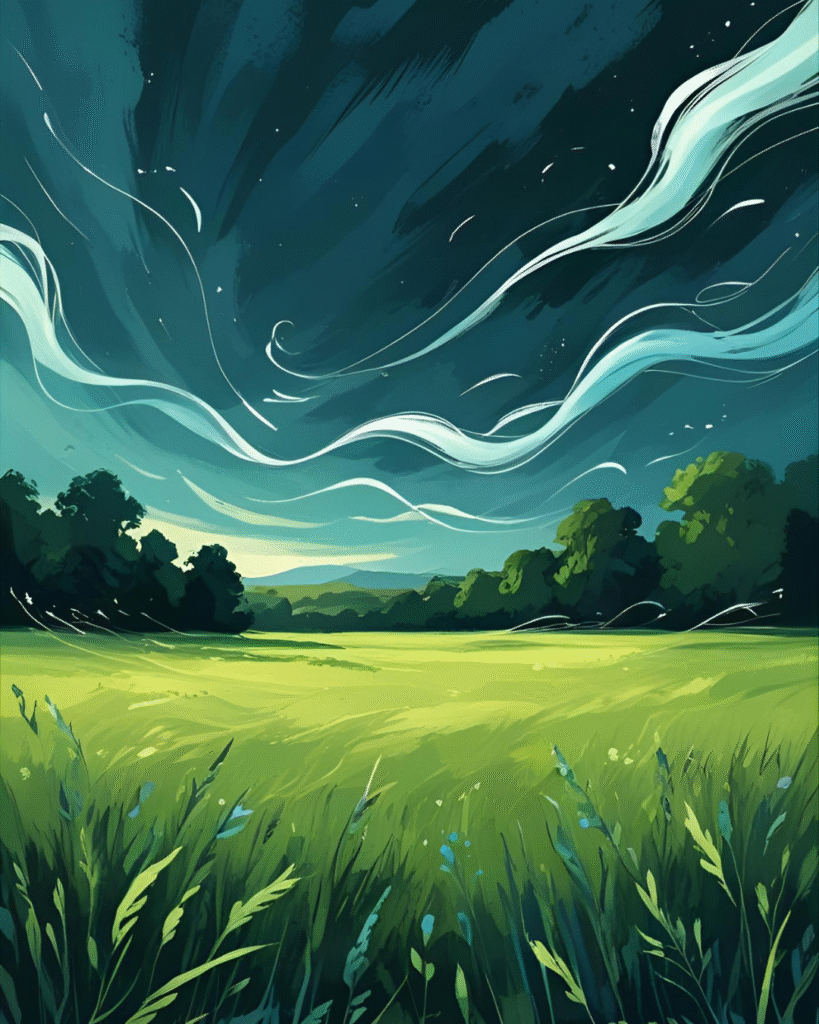 Le vent curieux traverse une prairie sous le ciel d’été, illustration du conte Le souffle du vent et la danse des lucioles.