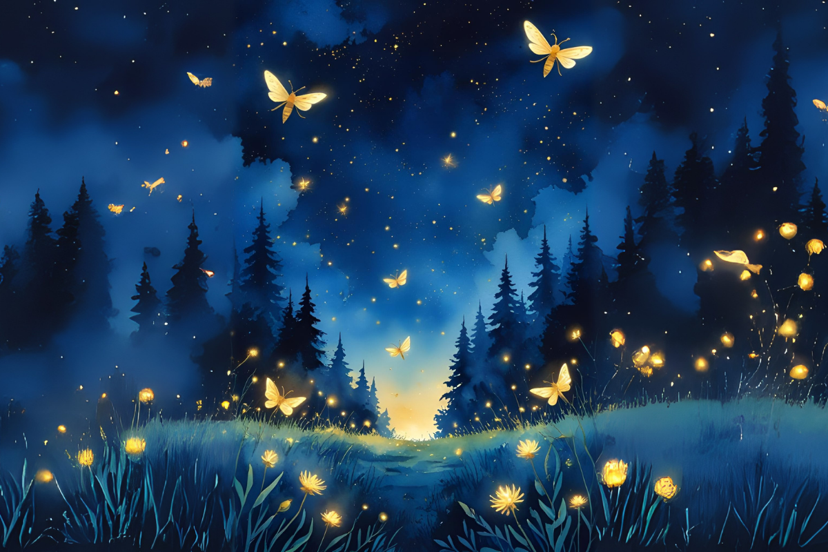 Illustration poétique de la clairière de nuit avec des lucioles dorées, début du conte Le souffle du vent et la danse des lucioles.