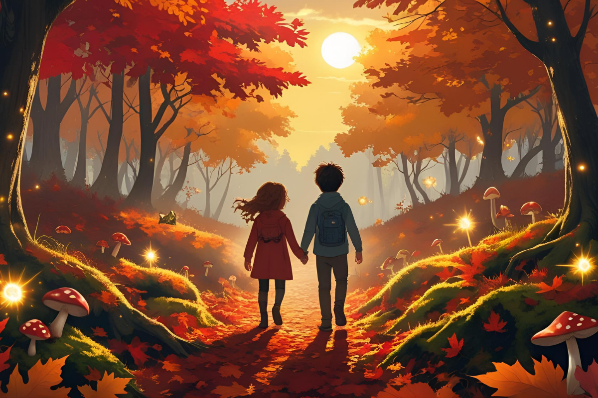 DĂ©couvre un conte magique pour enfants : une promenade poĂ©tique au cĆur dâune forĂȘt flamboyante, riche dâaventures et de sagesse.