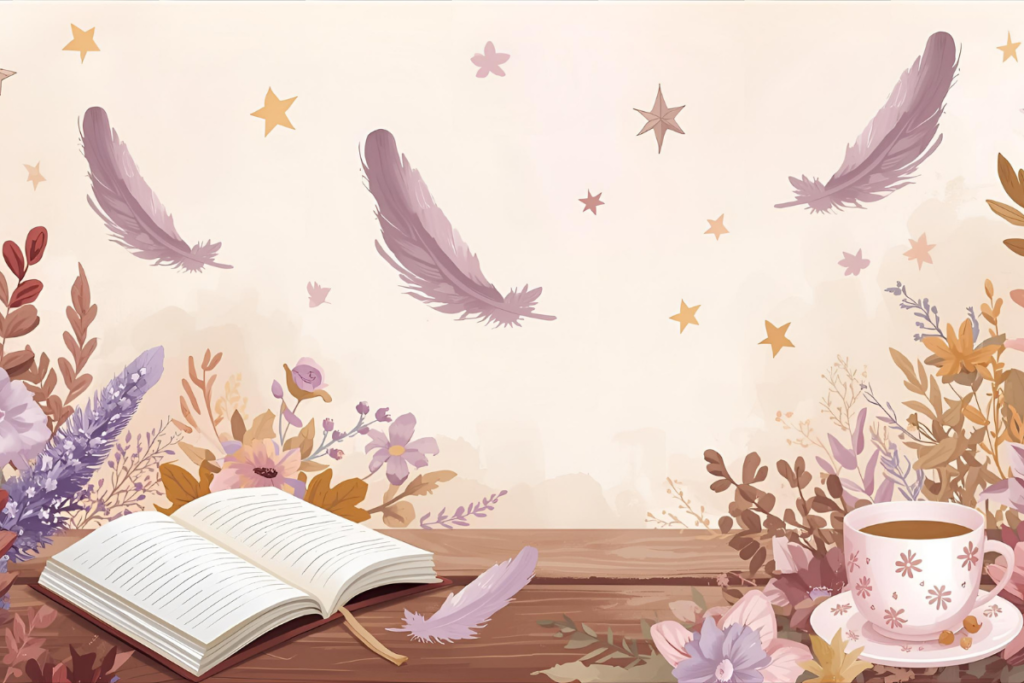 Illustration automnale poétique avec feuilles dorées, tasse de tisane et carnet posé sur une table en bois, ambiance cosy et inspirante pour le bien-être.