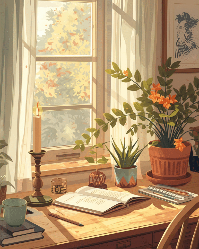 Bureau rangé avec bougie allumée et plante verte, coin de lecture apaisant, ambiance automnale propice à la concentration.