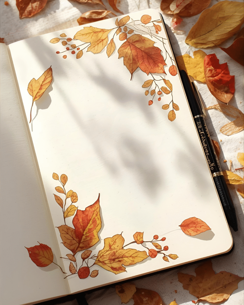 Carnet ouvert avec feuilles séchées et stylo, notes automnales pour organiser ses pensées et cultiver la concentration.