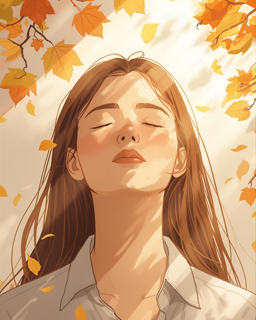 Personne fermant les yeux et respirant profondément, lumière douce et ambiance automnale pour renforcer concentration et clarté d’esprit.