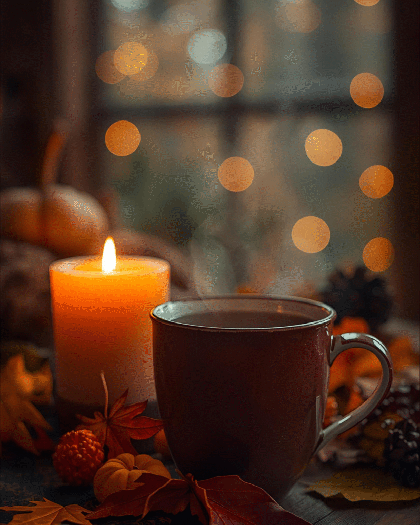 Tasse de tisane chaude fumante, bougie allumée, ambiance cosy et automnale favorisant la détente et le bien-être.
