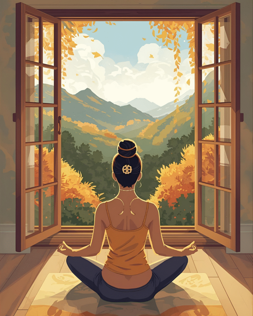 Personne assise en méditation respirant profondément devant une fenêtre avec vue sur la nature automnale, ambiance calme et sereine.