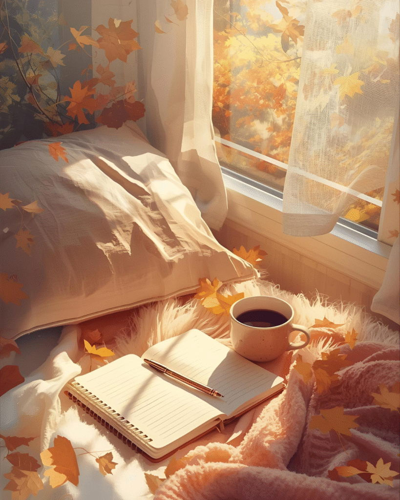 Fenêtre illuminée par la lumière du jour, carnet et tasse sur une table, espace calme et cosy pour travailler en automne.