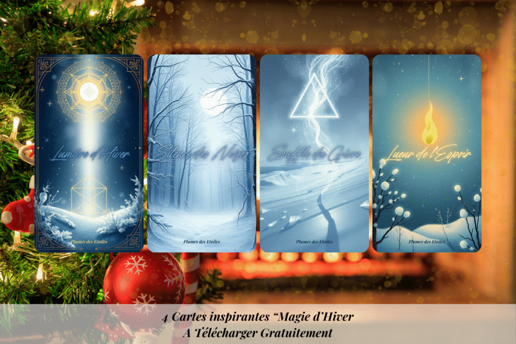 Télécharge 4 cartes inspirantes “Magie d’Hiver” : douceur, guidance et poésie pour t’accompagner en décembre. Version PDF offerte.