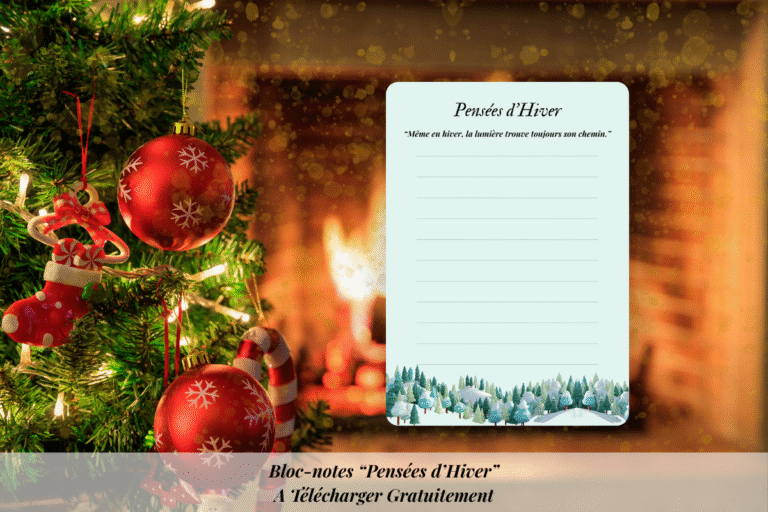 Télécharge le bloc-notes “Pensées d’Hiver” : une page douce et poétique pour écrire tes idées, pensées et inspirations durant la saison hivernale.