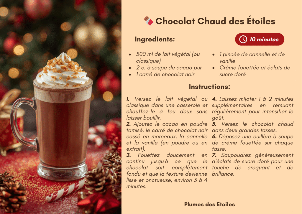 Un chocolat chaud crémeux et réconfortant, saupoudré de magie et d’étoiles, pour illuminer les soirées d’hiver.