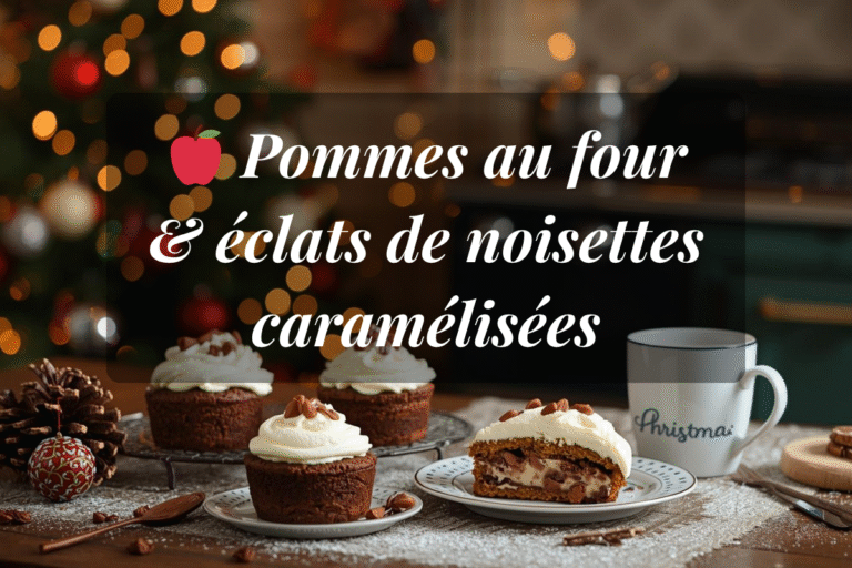 Pommes fondantes au four, garnies de noisettes caramélisées, un dessert réconfortant et chaleureux pour l’hiver.