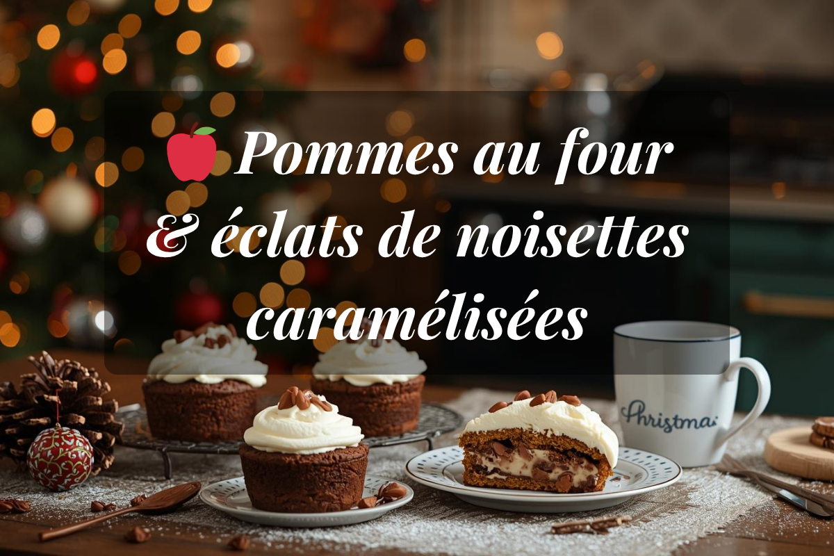 Pommes fondantes au four, garnies de noisettes caramélisées, un dessert réconfortant et chaleureux pour l’hiver.