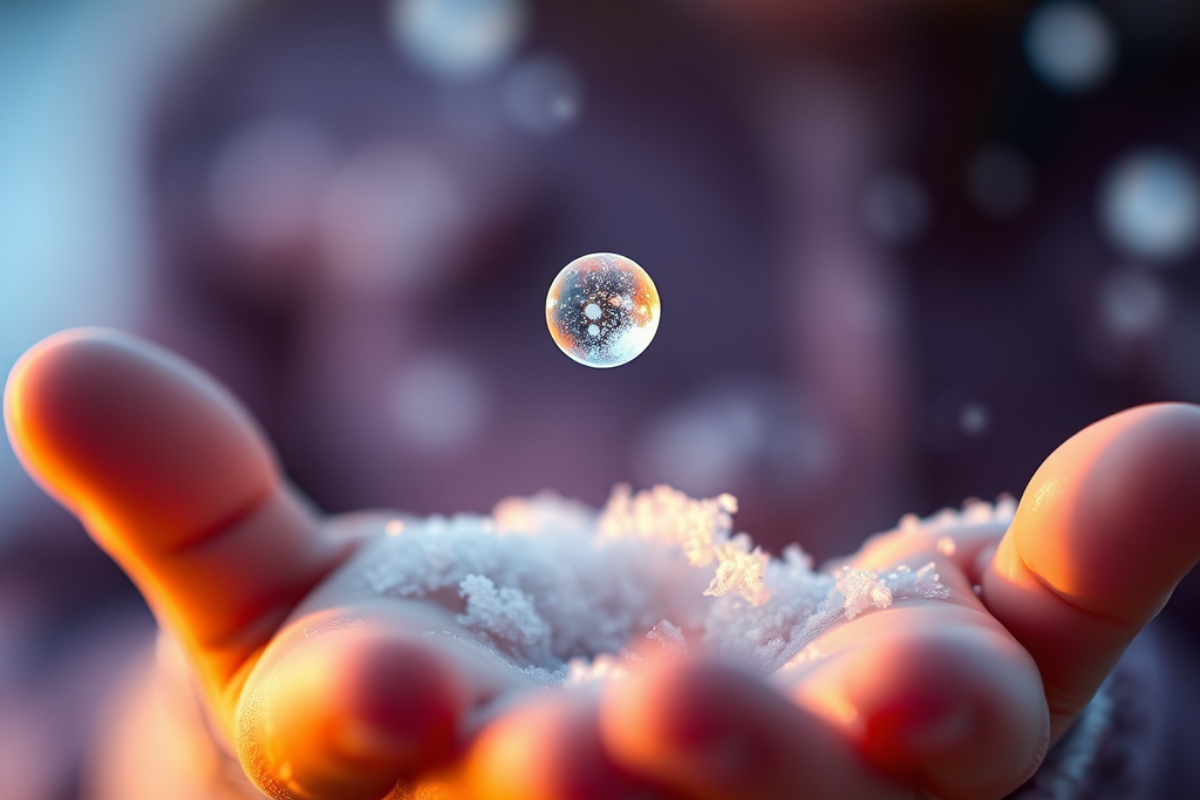 Un conte d’hiver poétique : Nils découvre un cristal magique offert par la neige silencieuse et apprend la puissance du partage et de la bonté.