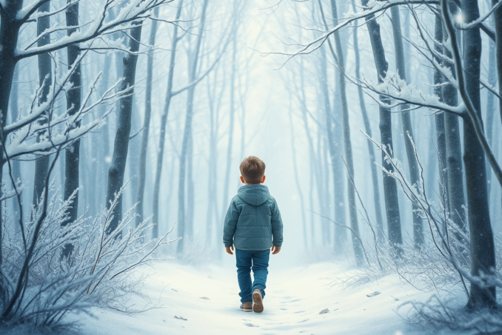 Un conte d’hiver poétique : Nils découvre un cristal magique offert par la neige silencieuse et apprend la puissance du partage et de la bonté.