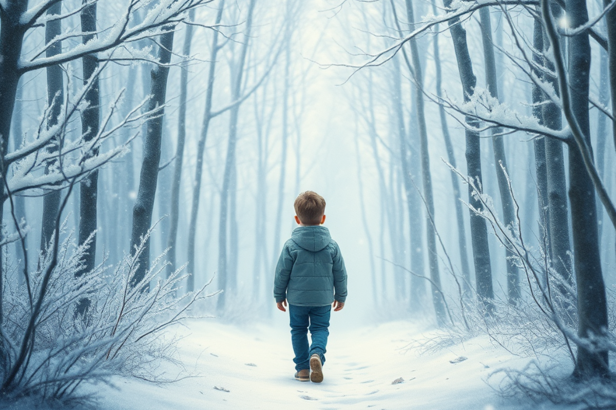 Un conte d’hiver poétique : Nils découvre un cristal magique offert par la neige silencieuse et apprend la puissance du partage et de la bonté.