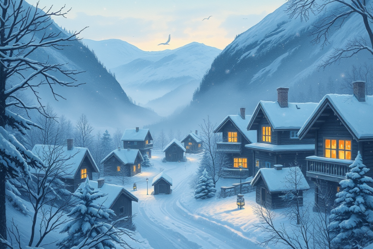 Un conte d’hiver poétique : Nils découvre un cristal magique offert par la neige silencieuse et apprend la puissance du partage et de la bonté.