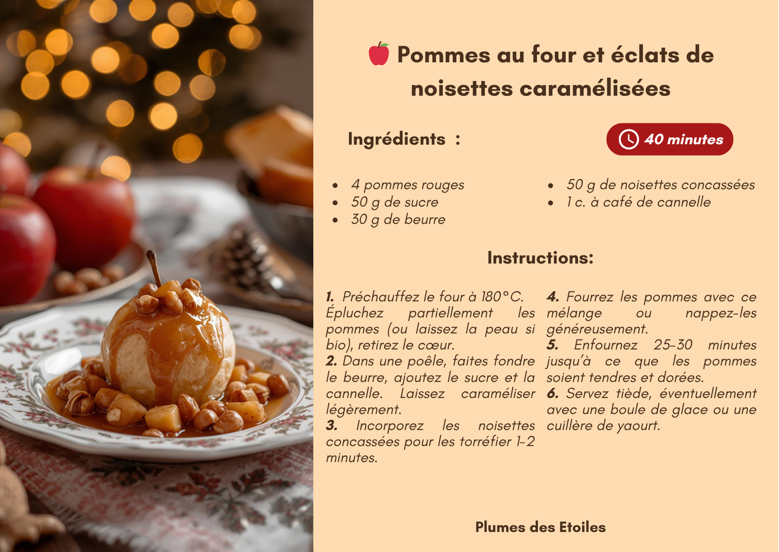 Pommes fondantes au four, garnies de noisettes caramélisées, un dessert réconfortant et chaleureux pour l’hiver.