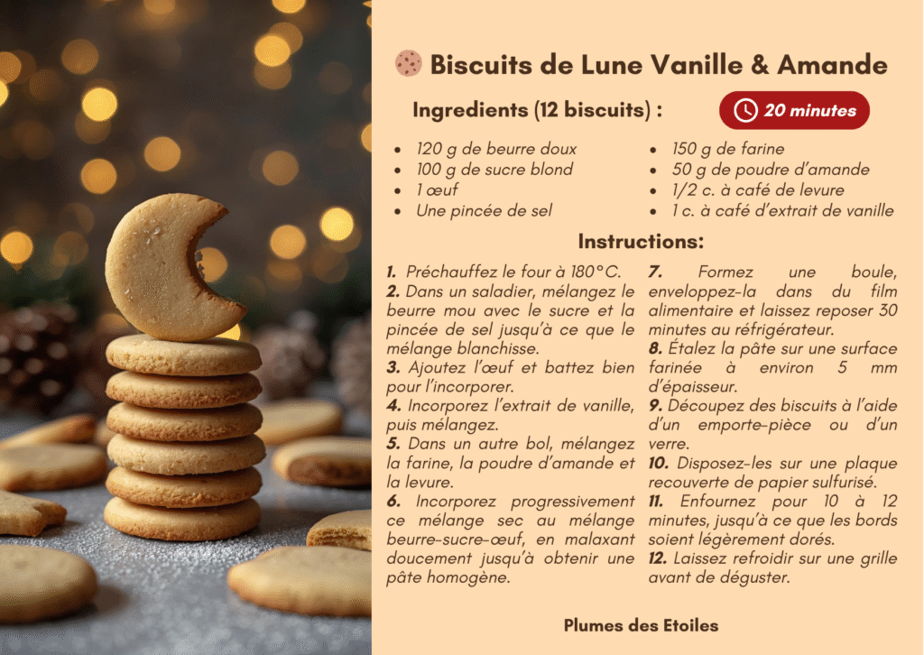 Des biscuits moelleux et parfumés à la vanille et aux amandes, parfaits pour un goûter hivernal sous la lumière de la lune.