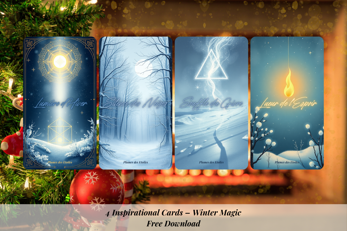 Télécharge 4 cartes inspirantes “Magie d’Hiver” : douceur, guidance et poésie pour t’accompagner en décembre. Version PDF offerte.
