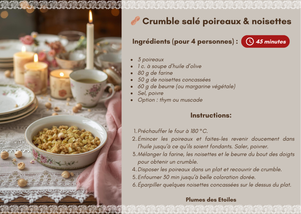Un crumble salé fondant et croustillant à base de poireaux et de noisettes, parfait pour un repas végétarien chaleureux et gourmand.