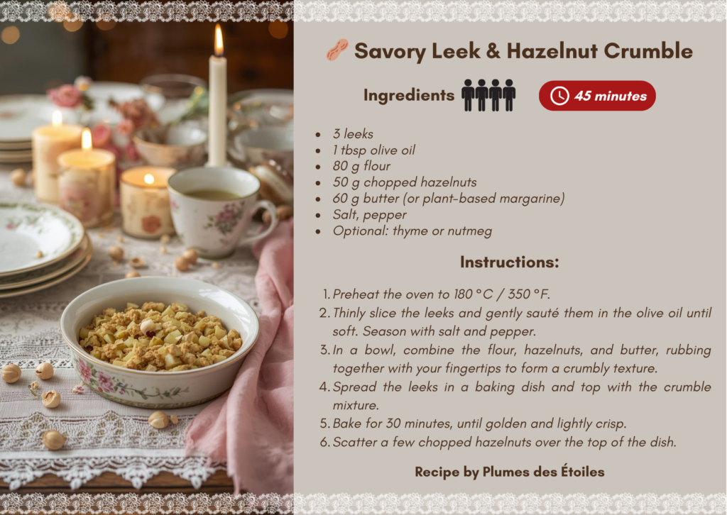 A comforting savory crumble with tender leeks and crunchy hazelnuts, perfect for a cozy vegetarian meal.