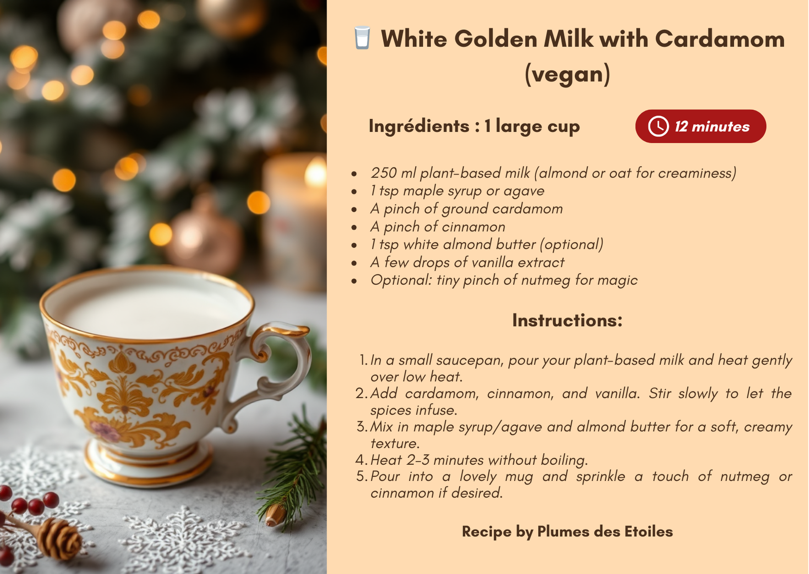 Boisson vegan douce et réconfortante : un lait d’or blanc à la cardamome, parfait pour l’hiver, les rituels cocooning et les instants de calme intérieur.