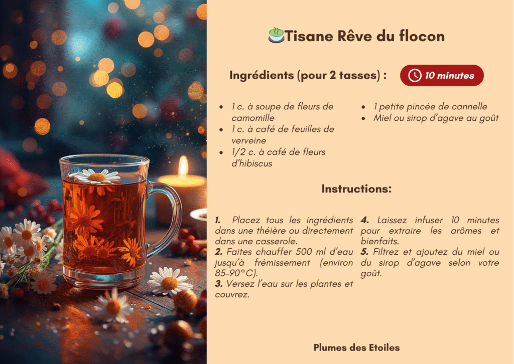 Une tisane douce et réconfortante qui enveloppe l’hiver de chaleur et de poésie, parfaite pour se détendre.