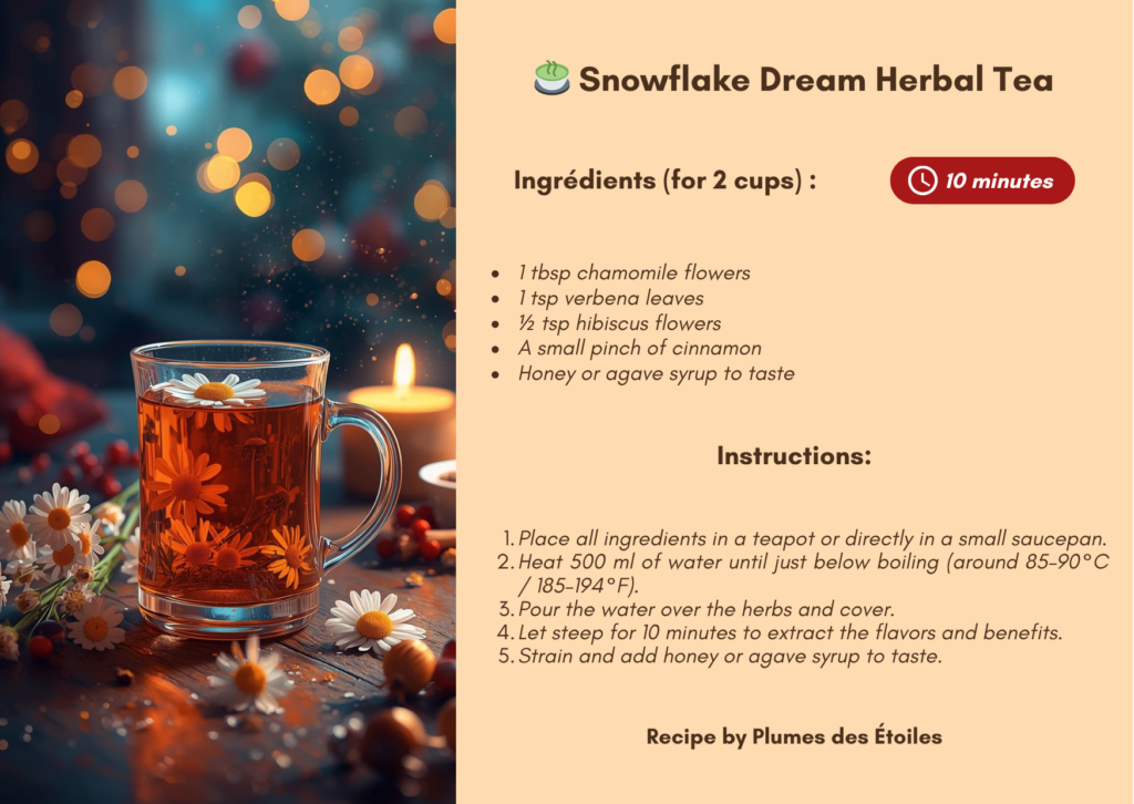 A gentle and comforting herbal tea that wraps winter in warmth and poetry, perfect for relaxing.