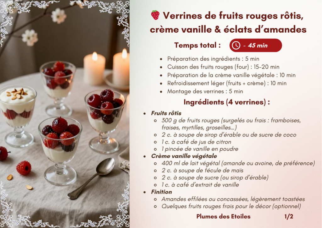 Verrines de fruits rouges, un dessert végétal, réconfortant et délicat, qui célèbre la douceur, la connexion et la lenteur du mois de février.